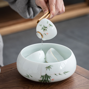 Lavoar ceramic pictat manual pentru ceai Gongfu, mare, porțelan alb – accesoriu pentru clătirea ceaiului și depozitarea cănilor