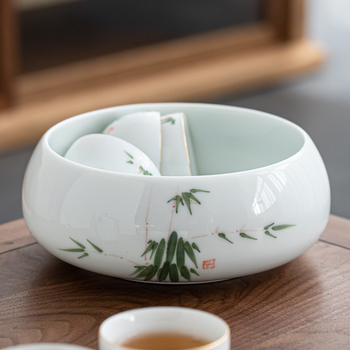 Lavoar ceramic pictat manual pentru ceai Gongfu, mare, porțelan alb – accesoriu pentru clătirea ceaiului și depozitarea cănilor