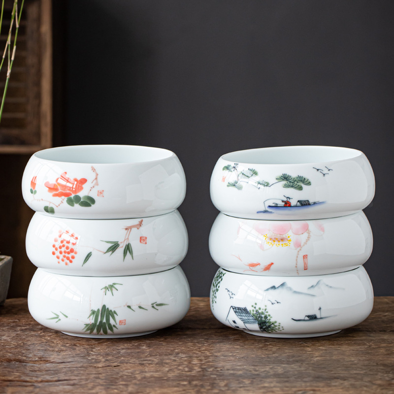 Lavoar ceramic pictat manual pentru ceai Gongfu, mare, porțelan alb – accesoriu pentru clătirea ceaiului și depozitarea cănilor