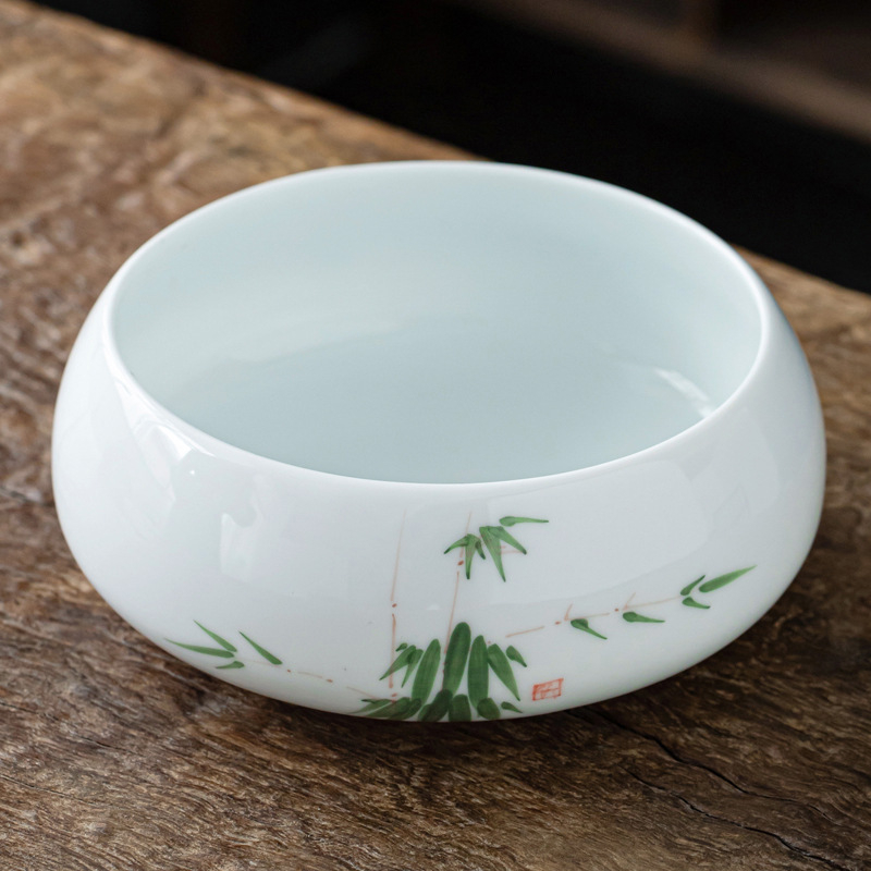 Lavoar ceramic pictat manual pentru ceai Gongfu, mare, porțelan alb – accesoriu pentru clătirea ceaiului și depozitarea cănilor