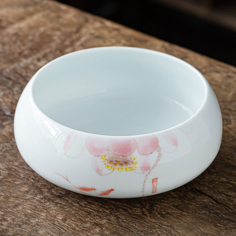 Lavoar ceramic pictat manual pentru ceai Gongfu, mare, porțelan alb – accesoriu pentru clătirea ceaiului și depozitarea cănilor