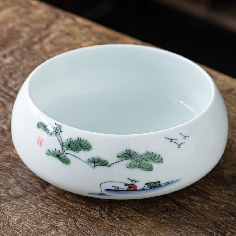 Lavoar ceramic pictat manual pentru ceai Gongfu, mare, porțelan alb – accesoriu pentru clătirea ceaiului și depozitarea cănilor