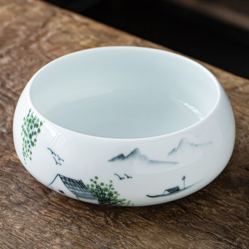 Lavoar ceramic pictat manual pentru ceai Gongfu, mare, porțelan alb – accesoriu pentru clătirea ceaiului și depozitarea cănilor