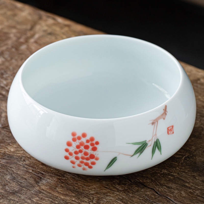 Lavoar ceramic pictat manual pentru ceai Gongfu, mare, porțelan alb – accesoriu pentru clătirea ceaiului și depozitarea cănilor