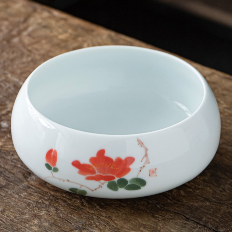 Lavoar ceramic pictat manual pentru ceai Gongfu, mare, porțelan alb – accesoriu pentru clătirea ceaiului și depozitarea cănilor