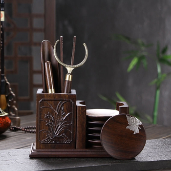 Set de ceremonie ceai Ebony și Rosewood – lemn masiv, tavă pentru ceai, clips pentru ceai, suport pentru ceașcă, lingură pentru ceai, furculiță pentru ceașcă