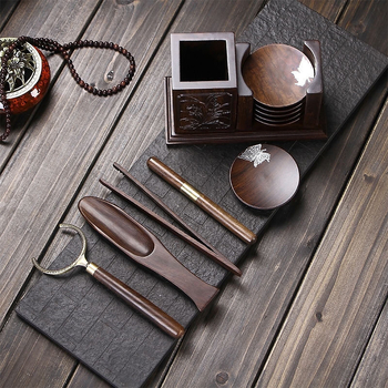 Set de ceremonie ceai Ebony și Rosewood – lemn masiv, tavă pentru ceai, clips pentru ceai, suport pentru ceașcă, lingură pentru ceai, furculiță pentru ceașcă