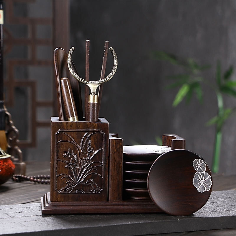 Set de ceremonie ceai Ebony și Rosewood – lemn masiv, tavă pentru ceai, clips pentru ceai, suport pentru ceașcă, lingură pentru ceai, furculiță pentru ceașcă
