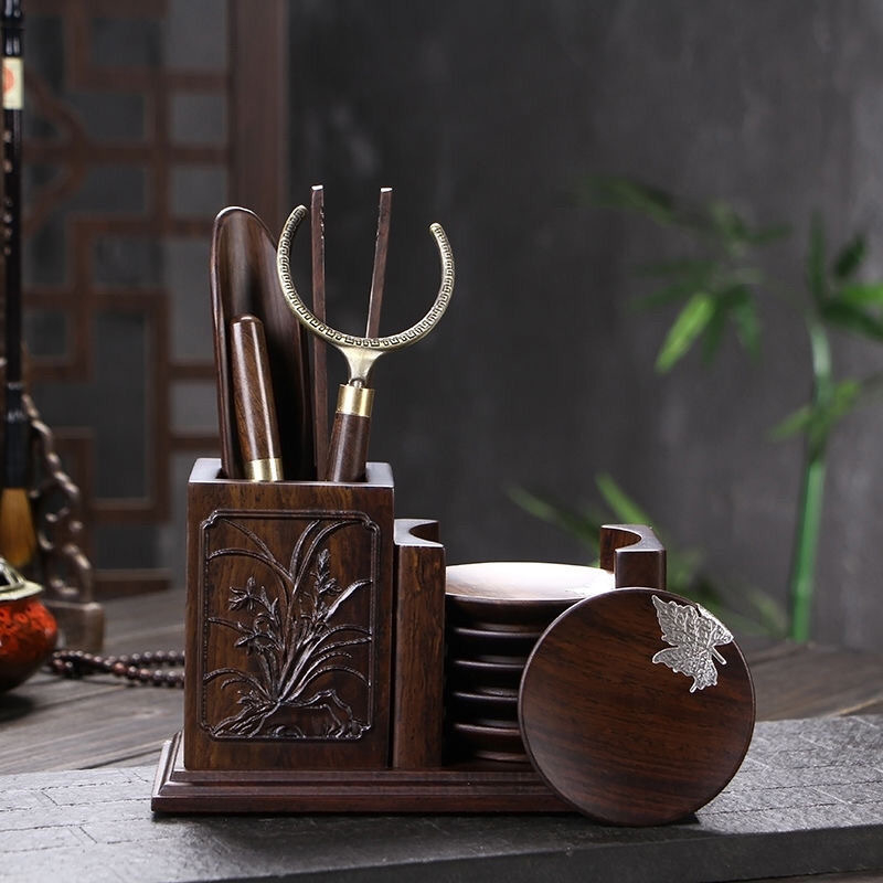 Set de ceremonie ceai Ebony și Rosewood – lemn masiv, tavă pentru ceai, clips pentru ceai, suport pentru ceașcă, lingură pentru ceai, furculiță pentru ceașcă
