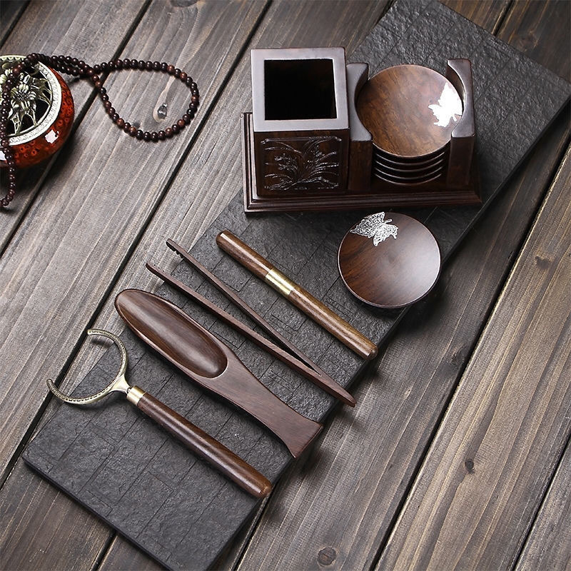 Set de ceremonie ceai Ebony și Rosewood – lemn masiv, tavă pentru ceai, clips pentru ceai, suport pentru ceașcă, lingură pentru ceai, furculiță pentru ceașcă