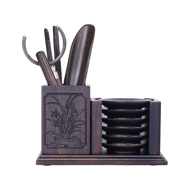 Set de ceremonie ceai Ebony și Rosewood – lemn masiv, tavă pentru ceai, clips pentru ceai, suport pentru ceașcă, lingură pentru ceai, furculiță pentru ceașcă