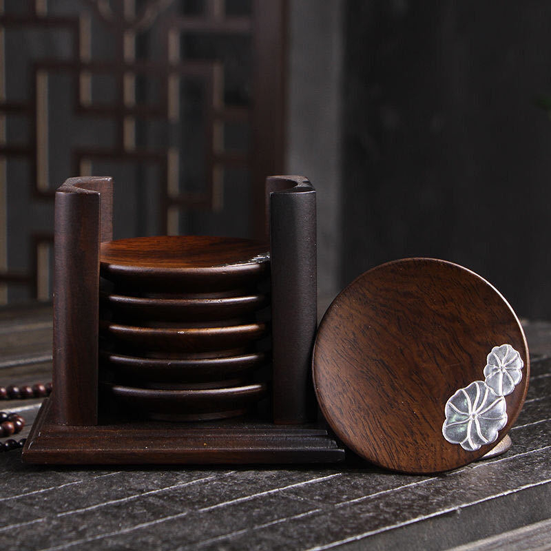 Set de ceremonie ceai Ebony și Rosewood – lemn masiv, tavă pentru ceai, clips pentru ceai, suport pentru ceașcă, lingură pentru ceai, furculiță pentru ceașcă