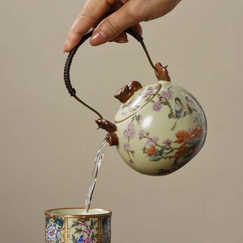 Ceainic Ruyao cu mâner, ceainic ceramic cu glazură craquelé pentru uz casnic