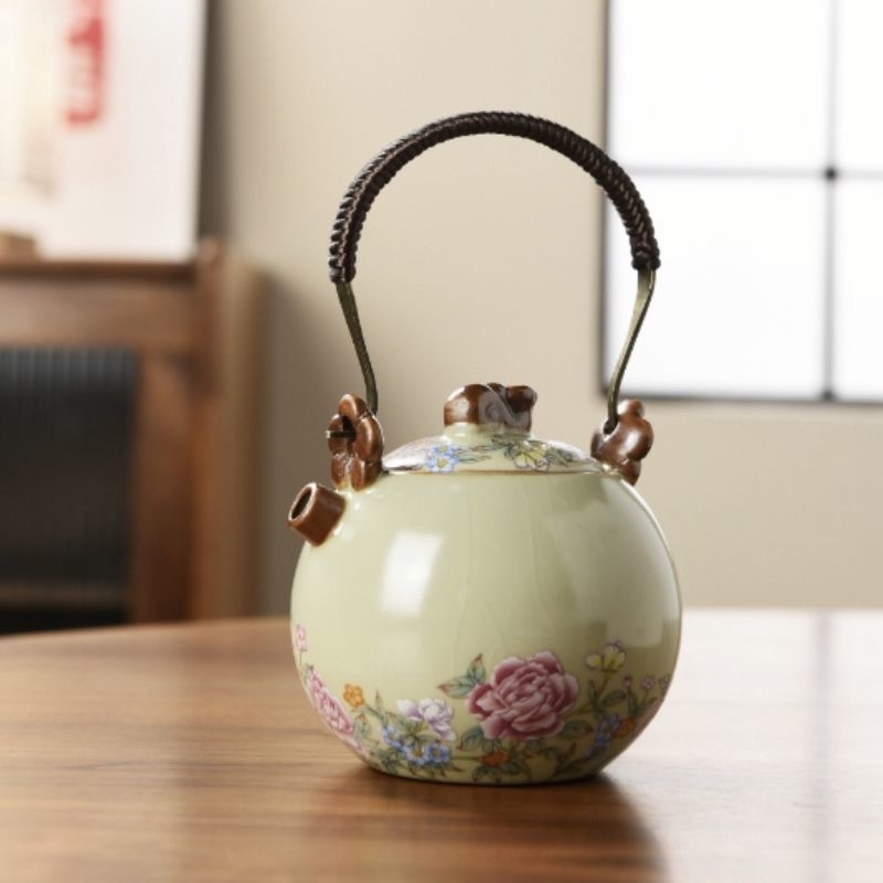 Ceainic Ruyao cu mâner, ceainic ceramic cu glazură craquelé pentru uz casnic