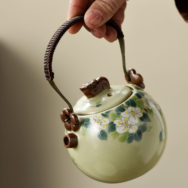Ceainic Ruyao cu mâner, ceainic ceramic cu glazură craquelé pentru uz casnic
