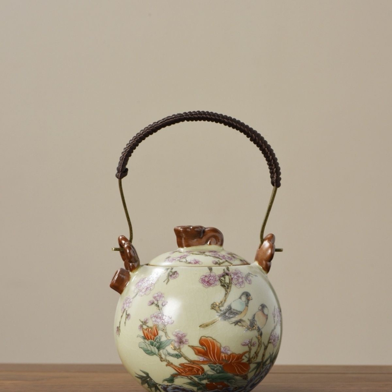 Ceainic Ruyao cu mâner, ceainic ceramic cu glazură craquelé pentru uz casnic