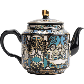 Ceainic ceramic cu glazură aur-argintiu și motiv cu ființă mitică, design retro elegant, dimensiune mică, filtru cu orificii sferice