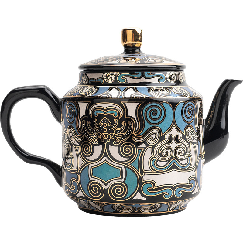 Ceainic ceramic cu glazură aur-argintiu și motiv cu ființă mitică, design retro elegant, dimensiune mică, filtru cu orificii sferice