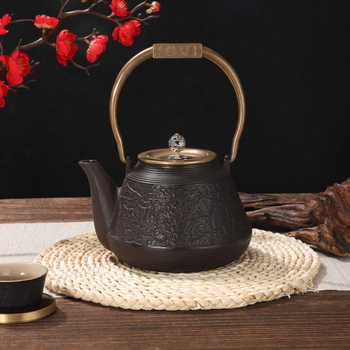 Ceainic din fontă, cu textură ciocănită și finisaj crem, design retro inspirat de Japonia, cu mâner de ridicare, potrivit pentru prepararea ceaiului acasă sau în aer liber