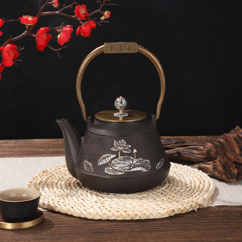 Ceainic din fontă, cu textură ciocănită și finisaj crem, design retro inspirat de Japonia, cu mâner de ridicare, potrivit pentru prepararea ceaiului acasă sau în aer liber