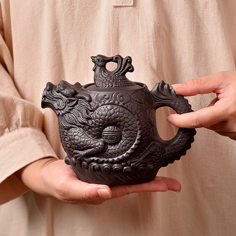 Ceainic chinezesc din lut mov, capacitate mare, dragon și phoenix, set de ceai Kung Fu