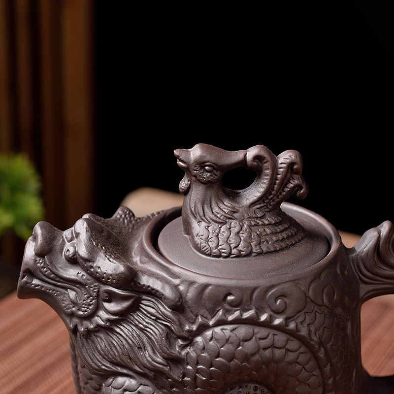 Ceainic chinezesc din lut mov, capacitate mare, dragon și phoenix, set de ceai Kung Fu