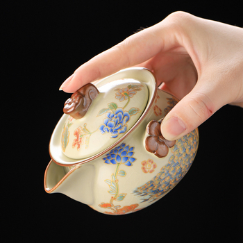 Set Ru Kiln ceainic cu mâner — 1 ceainic și 2 cești, porțelan, cu capac și tavă pentru ceai