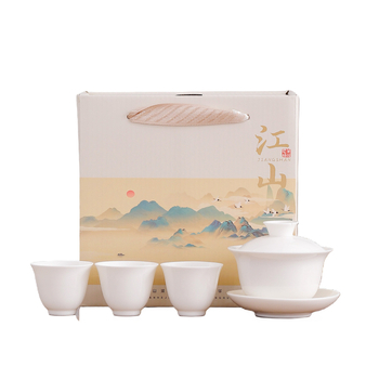 Set de ceai din porțelan alb, stil Kung Fu, cu un bol cu capac și trei cești ceramice