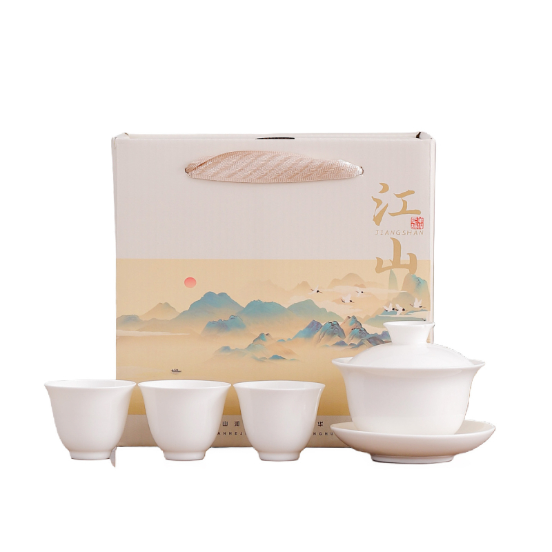 Set de ceai din porțelan alb, stil Kung Fu, cu un bol cu capac și trei cești ceramice