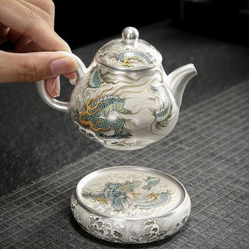 Ceainic Kung Fu în formă de pară, cu motiv Dragon Verde, din porțelan, accente argintii