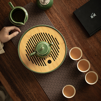 Set de ceai din porțelan în stil japonez, cu glazură verde: ceainic, cești și tavă pentru ceai, set Kung Fu, mic set pentru uz casnic