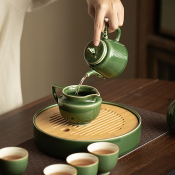 Set de ceai din porțelan în stil japonez, cu glazură verde: ceainic, cești și tavă pentru ceai, set Kung Fu, mic set pentru uz casnic