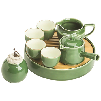 Set de ceai din porțelan în stil japonez, cu glazură verde: ceainic, cești și tavă pentru ceai, set Kung Fu, mic set pentru uz casnic