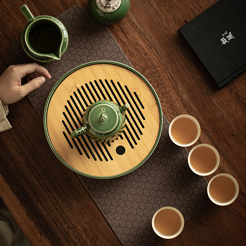 Set de ceai din porțelan în stil japonez, cu glazură verde: ceainic, cești și tavă pentru ceai, set Kung Fu, mic set pentru uz casnic