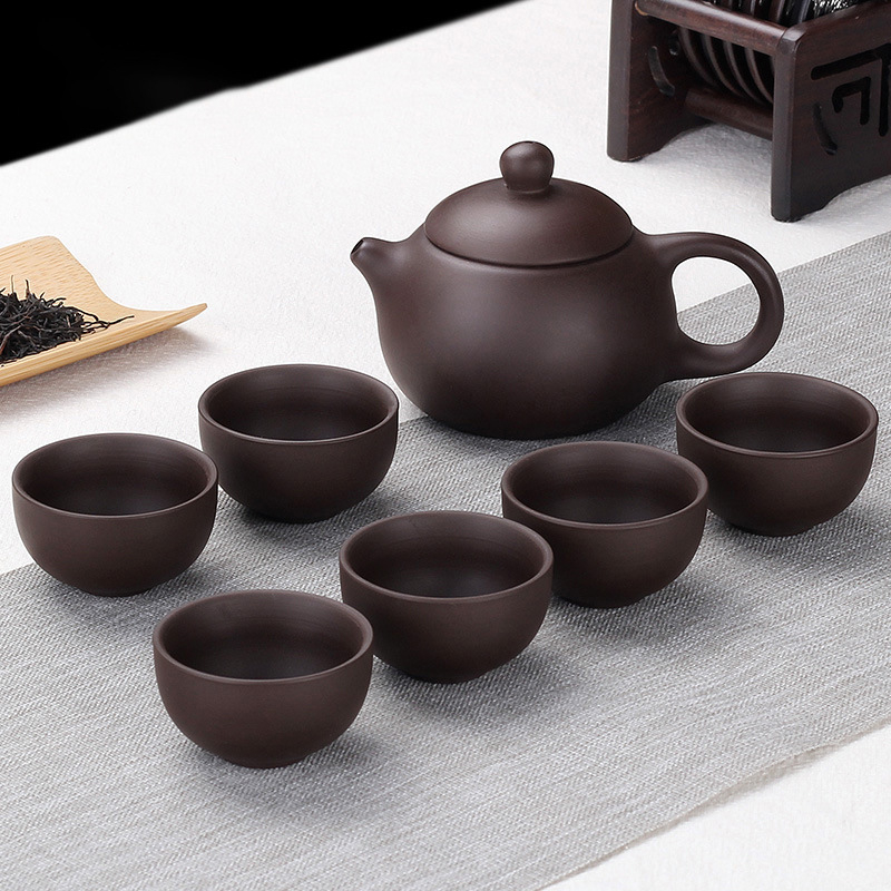 Set de ceai din lut mov — set complet cu ceainic, cești și bol cu capac, stil chinezesc, pentru casă sau birou