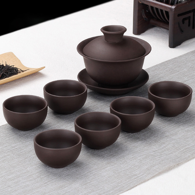 Set de ceai din lut mov — set complet cu ceainic, cești și bol cu capac, stil chinezesc, pentru casă sau birou