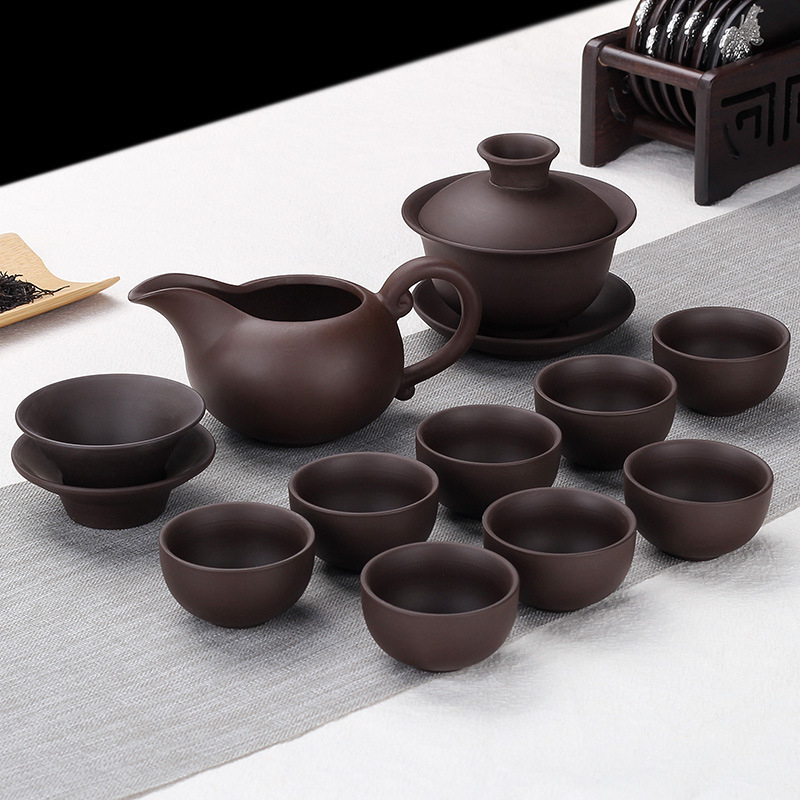 Set de ceai din lut mov — set complet cu ceainic, cești și bol cu capac, stil chinezesc, pentru casă sau birou