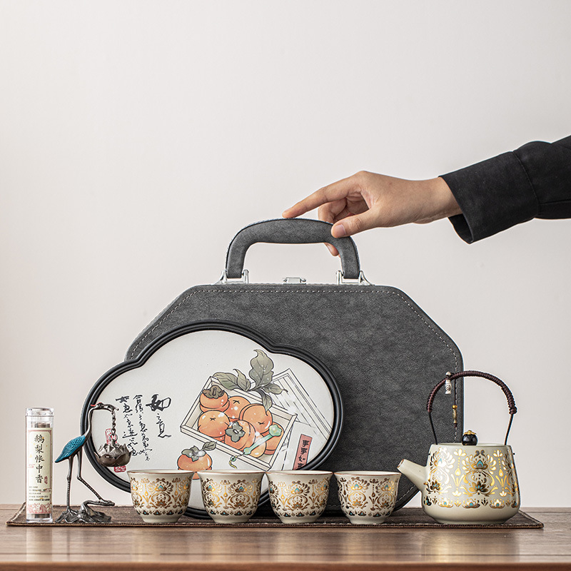 Set de ceai ceramic portabil cu gaiwan, ceainic și ceașcă pentru utilizare acasă și în aer liber