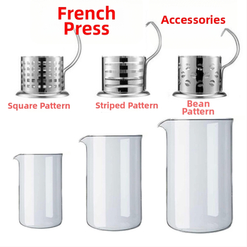 Set accesorii pentru presă franceză: filtru, mâner pentru pahar de sticlă, capac