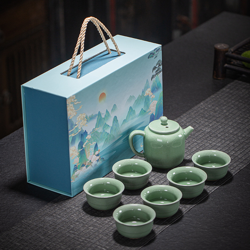 Set de ceai de călătorie Kung Fu, ceramică, ambalat într-o cutie cadou, personalizabil cu logo, pentru 6 persoane