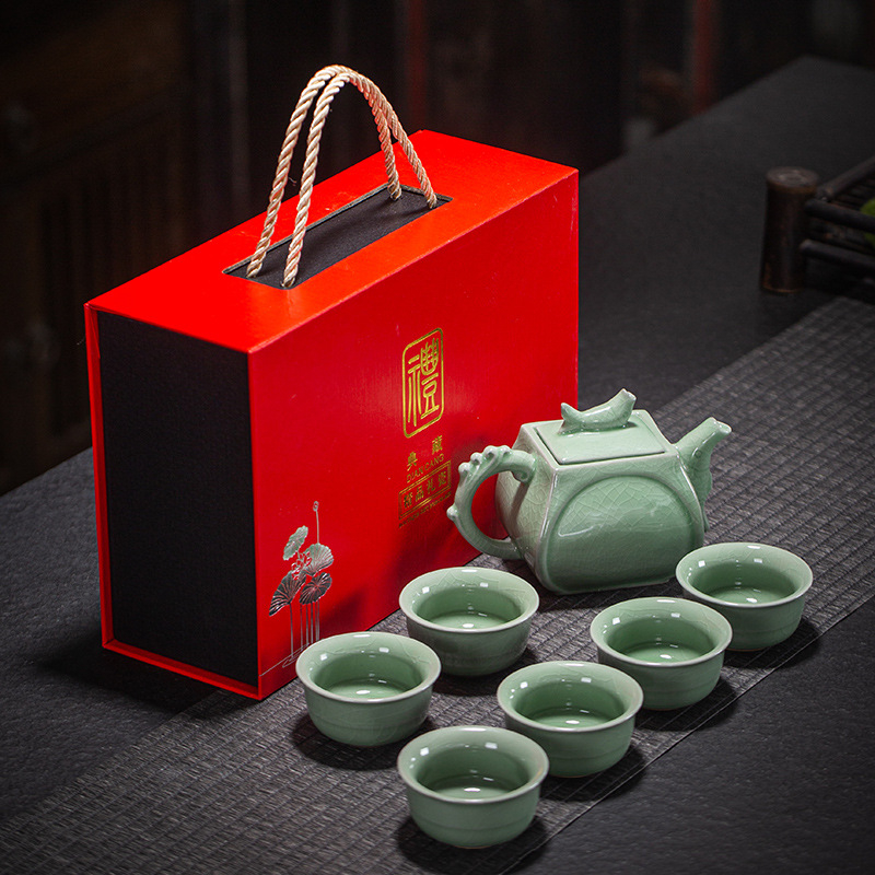 Set de ceai de călătorie Kung Fu, ceramică, ambalat într-o cutie cadou, personalizabil cu logo, pentru 6 persoane