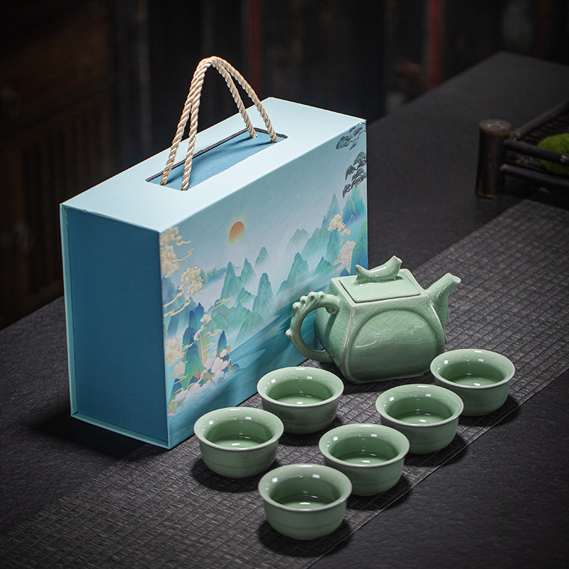 Set de ceai de călătorie Kung Fu, ceramică, ambalat într-o cutie cadou, personalizabil cu logo, pentru 6 persoane
