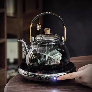 Ceainic din sticlă cu mâner de ridicare, potrivit pentru plita electrică ceramică, rezistent la temperaturi înalte, încălzire directă, dublă utilizare pentru fierbere și infuzare, pentru ceai alb vechi