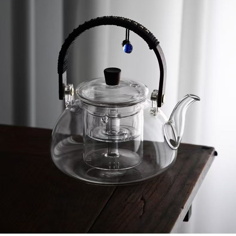 Ceainic din sticlă cu mâner de ridicare, potrivit pentru plita electrică ceramică, rezistent la temperaturi înalte, încălzire directă, dublă utilizare pentru fierbere și infuzare, pentru ceai alb vechi