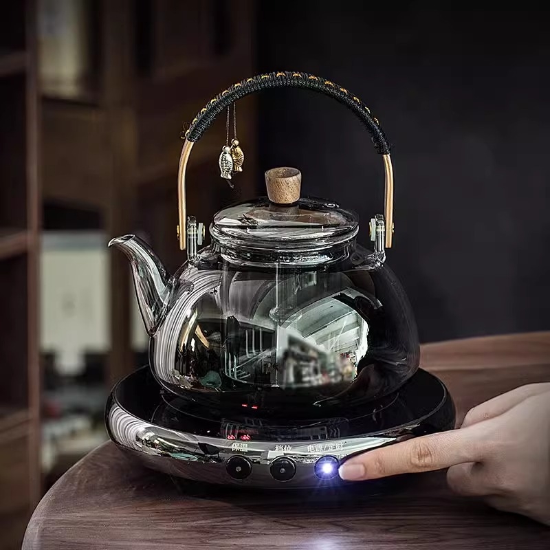 Ceainic din sticlă cu mâner de ridicare, potrivit pentru plita electrică ceramică, rezistent la temperaturi înalte, încălzire directă, dublă utilizare pentru fierbere și infuzare, pentru ceai alb vechi