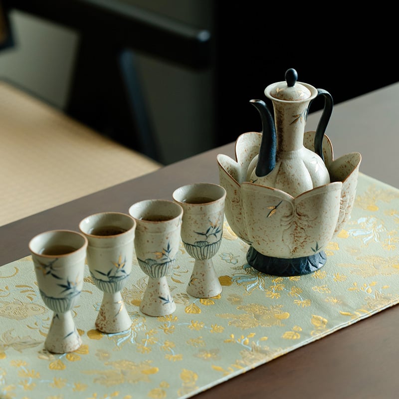 Set ceramic de ceainic, pictură manuală, cu aurire antică și motiv de umbră de bambus, inspirat din dinastia Song, pentru uz casnic, lux