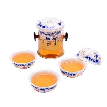 Ceainic din sticlă rezistent la temperaturi ridicate cu filtru ceramic, ceașcă de porțelan albastru-alb, set Kung Fu de ceai