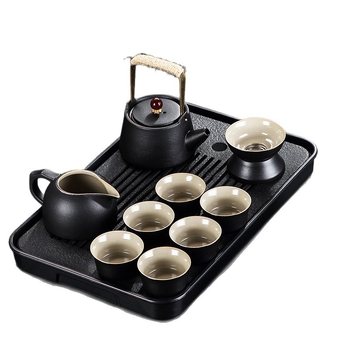Set de ceai din ceramică neagră pentru uz casnic — ceainic și tavă de ceai din bambus