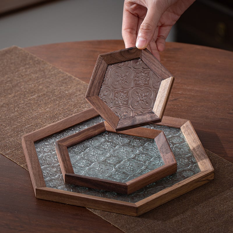 Tavă hexagonală din lemn și tavă pătrată pentru ceai, cu spațiu decorativ pentru cești, fructe și deserturi