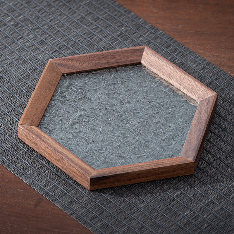 Tavă hexagonală din lemn și tavă pătrată pentru ceai, cu spațiu decorativ pentru cești, fructe și deserturi